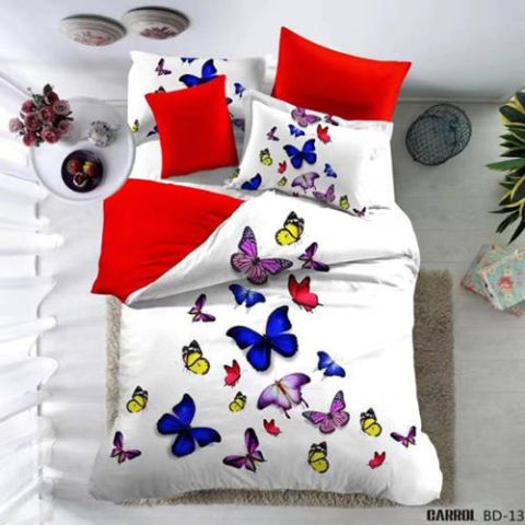 Lenjerie de pat dublu Poplin Percalle imprimat Bumbac 100%, 4 piese, cearsaf 240x260 cm, pilota 200x230 cm, 2 fete perne 50x70 cm, Fluturi colorati Alb, Pucioasa