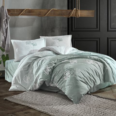 Lenjerie pat dublu Bumbac 100% Ranforce 4 piese extra large, cearsaf pat 240x260 cm, pilota 200x220 cm, 2 fete perne 50x70 cm, Verde LUVI 