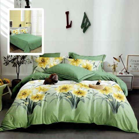 Lenjerie de pat dublu bumbac Finet 6 piese 220 x 240 cm, pilota 200x230 cm, 2 fete perna 50x70 si 70x70 cm, Galben-Verde, Pucioasa M468