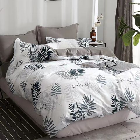 Lenjerie pat o persoana Percalle imprimat Bumbac 100%, 3 piese, cearsaf pat 160x240 cm, pilota 150x220 cm, fata perna 50x70 cm, Moderna Alb / Verde, Pucioasa