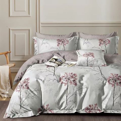 Lenjerie pat dublu Percalle imprimat Bumbac 100%, 4 piese, cearsaf pat 240x260 cm, pilota 200x230 cm, 2 fete perna 50x70 cm, Moderna Crem / Roz, Pucioasa